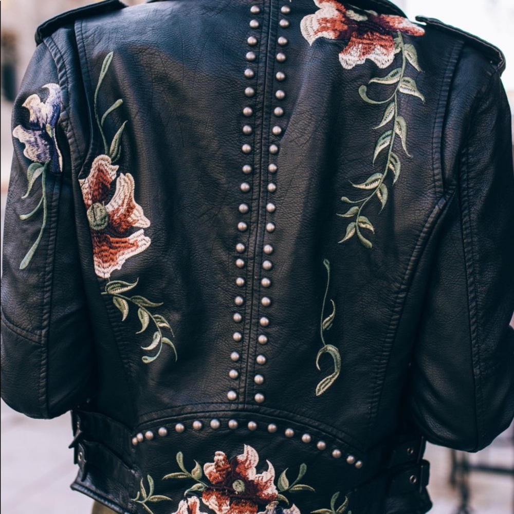 Black Leather Floral Embroidered Studded Jacket XS